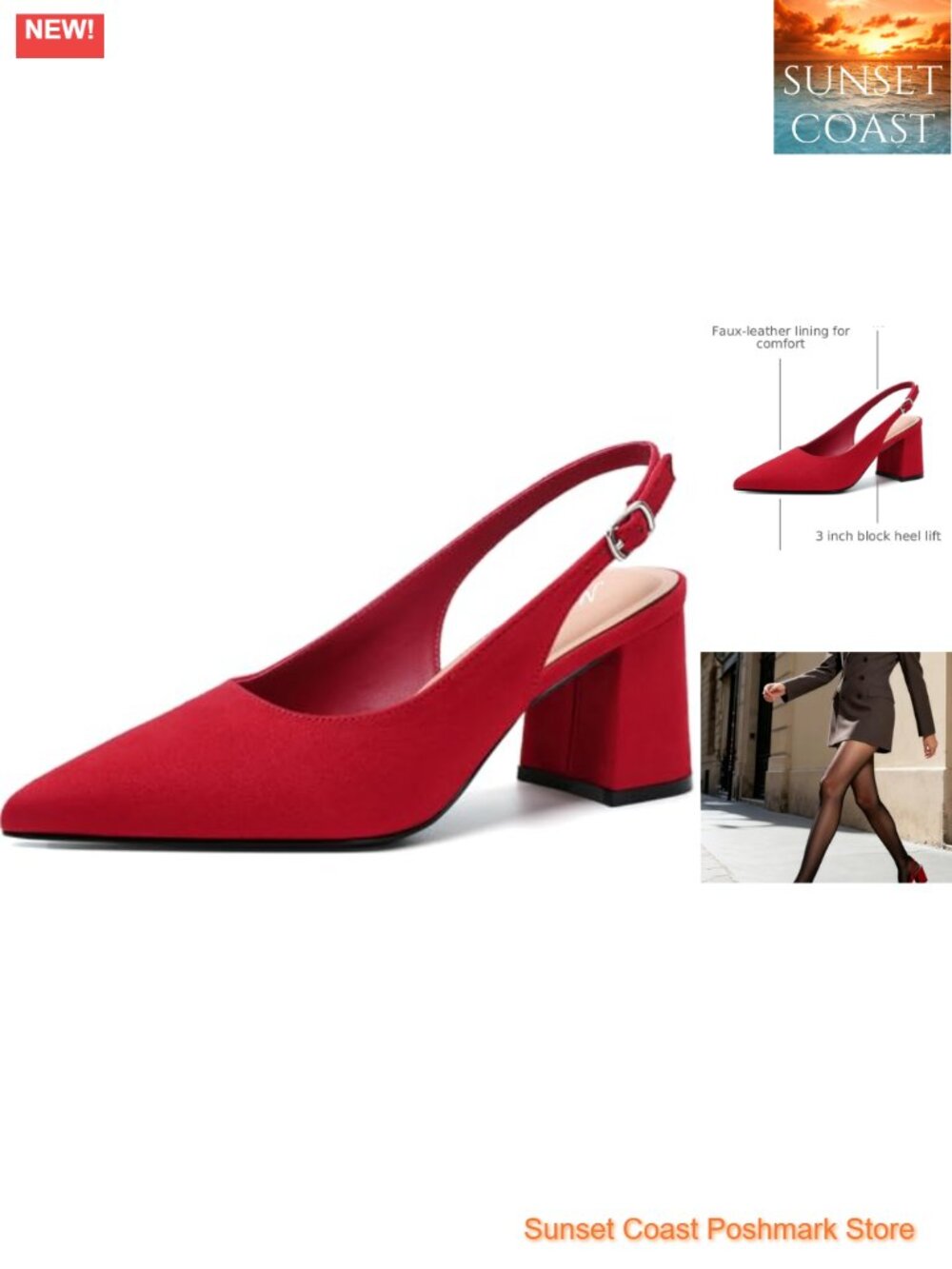 Slingback Block Heels Pointed Closed Toe Suede Office Pumps Women's